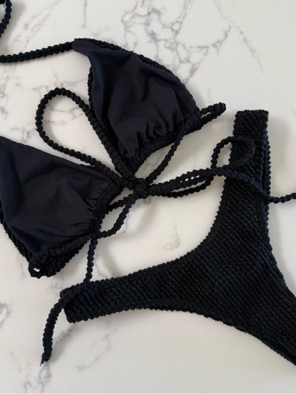 Pukai Swim Triangle Top & Thong Bottoms Crinkle Bikini SET - Black - Size Medium - Picture 5 of 8